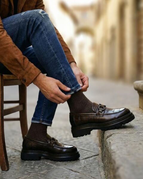 COFFEE DRAGON HAKİKİ DERİ ERKEK GÜNLÜK AYAKKABI Kahve Kroko - 45