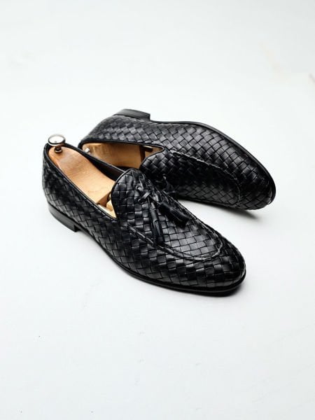 BLACK KNIGHT  SİYAH ÖRGÜLÜ DERİ ERKEK KLASİK AYAKKABI