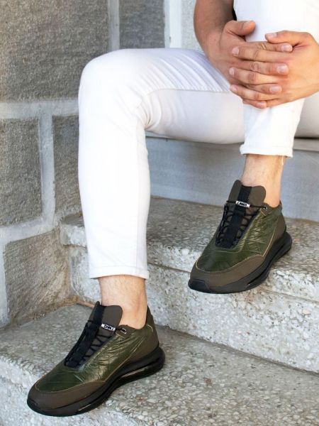 GRÜNE WOLLE, KOMFORTABLE HERREN-LEDER-TAGESSCHUHE, KHAKI-GRÜN – 40