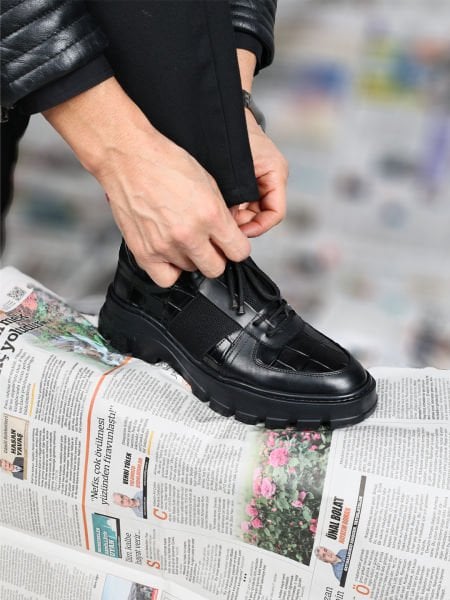 İBAY ZENNETI BLACK THICK SOLE MEN'S SHOES BLACK CROCO - 44