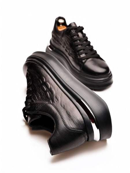 BLACK VELVET GENUINE LEATHER MEN'S CASUAL SHOES BLACK CROCODILE - 43