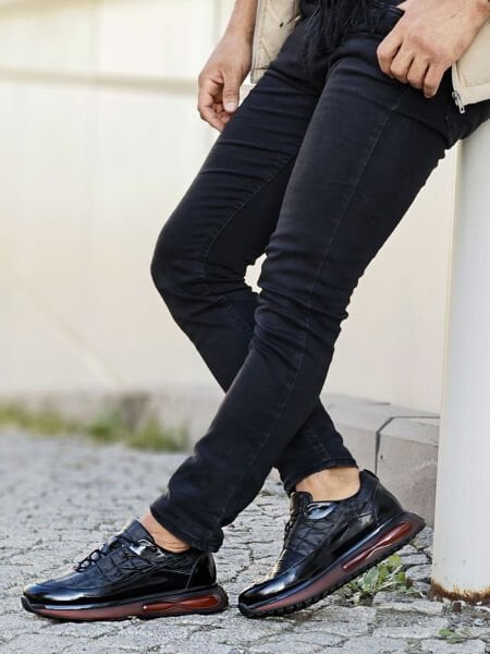 BLACK POWER AIR COMFORTABLE HERREN LEDER DAILY STYLE SCHWARZ - 44