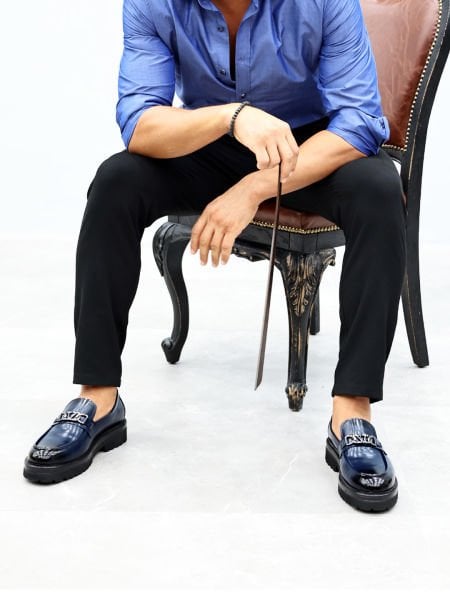 NAVY BLUE  VOGUE LACİVERT HAKİKİ DERİ ERKEK KALIN TABAN ŞIK AYAKKABI LACİVERT AÇMA - 42