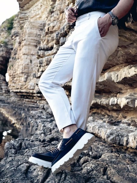 NAVY BLUE SUEDE IDEAL HAKİKİ DÜET DERİ ERKEK GÜNLÜK AYAKKABI LACİVERT SÜET - 42