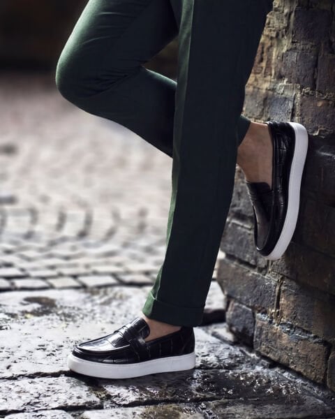 BLACK CROCO NAPOLI SİYAH DERİ ERKEK GÜNLÜK AYAKKABI SİYAH KROKO - 45