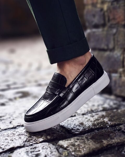 BLACK CROCO NAPOLI SİYAH DERİ ERKEK GÜNLÜK AYAKKABI SİYAH KROKO - 45
