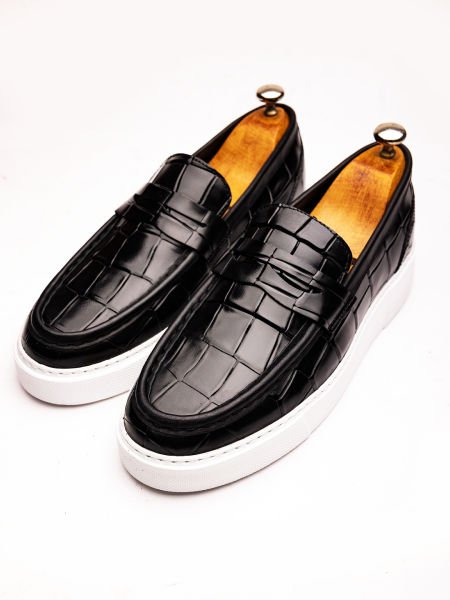 BLACK CROCO NAPOLI SİYAH DERİ ERKEK GÜNLÜK AYAKKABI SİYAH KROKO - 45
