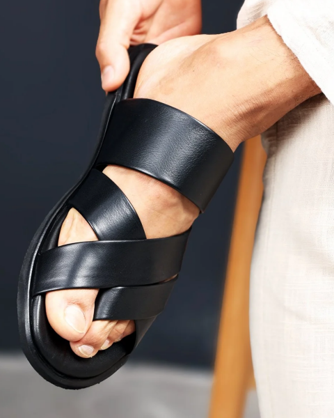 BLACK PREMIUM SANDALET HAKİKİ DERİ ERKEK SANDELET SİYAH - 46