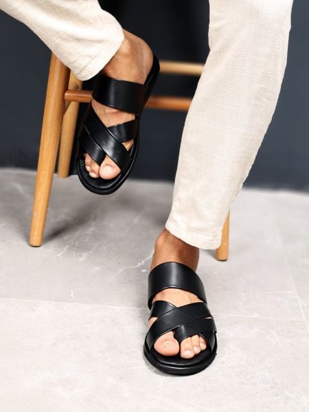BLACK PREMIUM SANDALET HAKİKİ DERİ ERKEK SANDELET SİYAH - 42