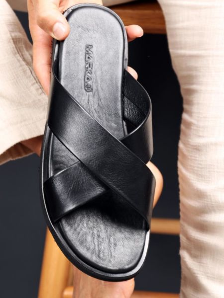 BLACK  LUX HAKİKİ DERİ SANDALET ERKEK SANDELETİ SİYAH - 41