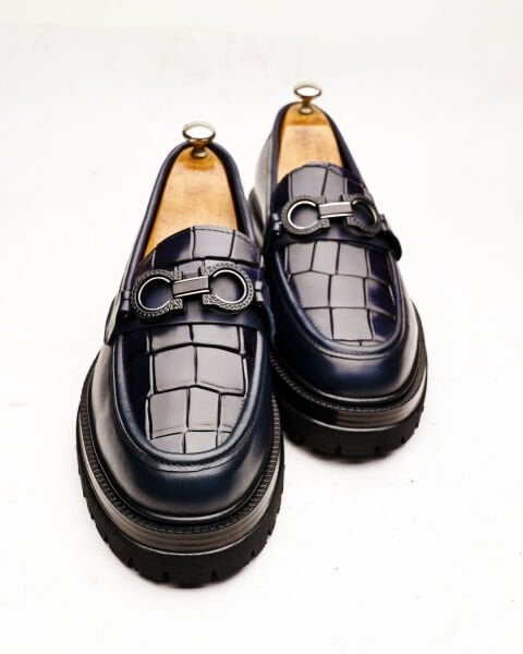 NAVY BLUE DRAGON HAKİKİ DERİ ERKEK GÜNLÜK AYAKKABI Lacivert Kroko - 41