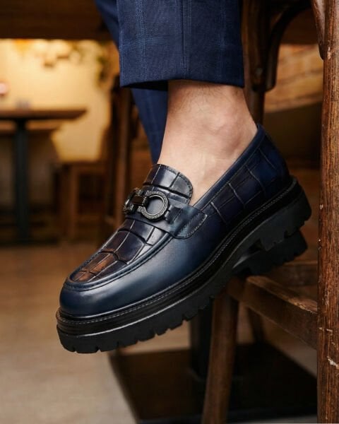 NAVY BLUE DRAGON HAKİKİ DERİ ERKEK GÜNLÜK AYAKKABI Lacivert Kroko - 41