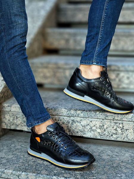 İBAY 530 JUSTIN QUALITY MEN'S LEATHER DAILY SHOES BLACK CROCO - 42