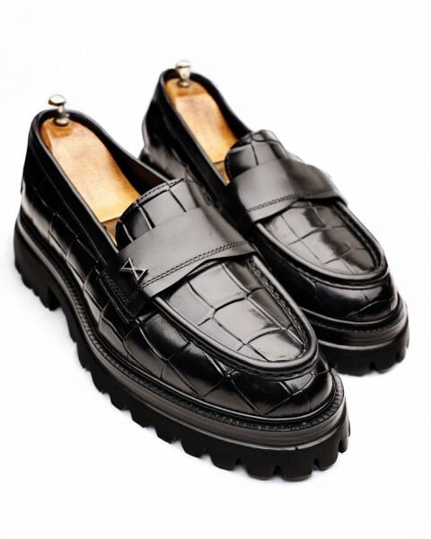 BLACK CROCO TORINO HAKİKİ DERİ ERKEK GÜNLÜK AYAKKABI SİYAH KROKO - 43