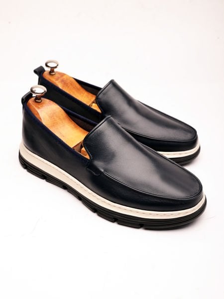 NAVY BLUE GRAND VERY COMFORTABLE MEN'S LEATHER CASUAL SHOES NAVY BLUE - 45