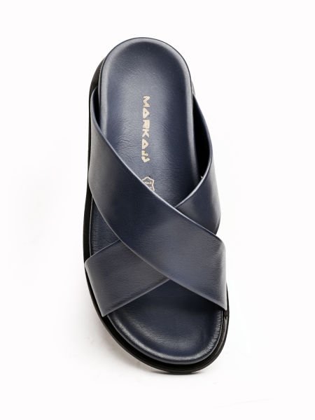 NAVY BLUE  CANVAS HAKİKİ DERİ ERKEK SANDALET LACİVERT - 46