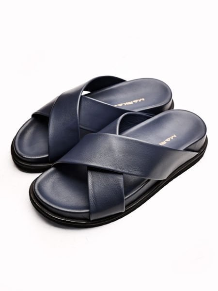 NAVY BLUE  CANVAS HAKİKİ DERİ ERKEK SANDALET