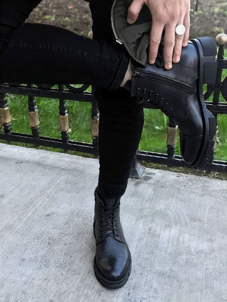 İBAY HEAD POSTAL Men's Black Genuine Leather Boots