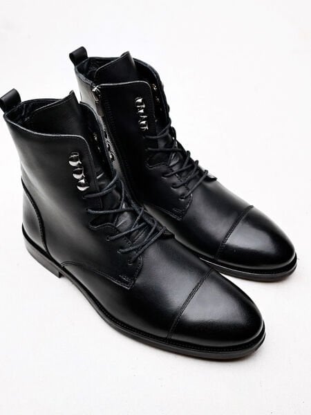 İBAY WANTED Men's Black Genuine Leather Lace-up Boots