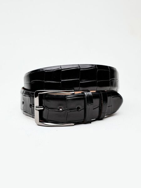 İBAY LION BELT ERKEK SİYAH HAKİKİ DERİ KEMER SİYAH KROKO - 130CM