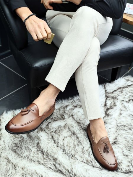 İBAY TASSEL Men's Brown Color Genuine Leather Classic Shoes