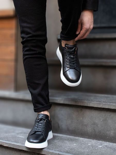 İBAY 7039 MARINO QUALITY STYLE MEN'S LEATHER BLACK DAILY SHOES BLACK WHITE - 39