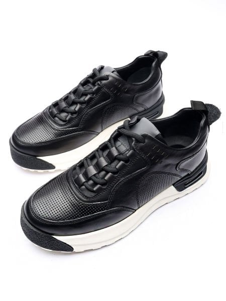 BLACK TIEMPO COMFORTABLE MEN'S LEATHER CASUAL SHOES BLACK - 45