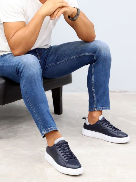 MARINEBLAU GRAU CAPTOE TÄGLICHE SCHUHE AUS ECHTLEDER MARINEBLAU GRAU - 45