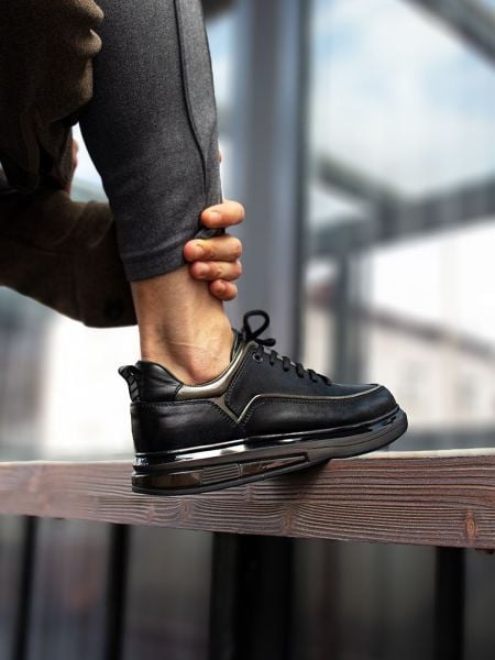 İBAY OLD AIR Men's Black Genuine Leather Casual Shoes BLACK KHAKI - 39