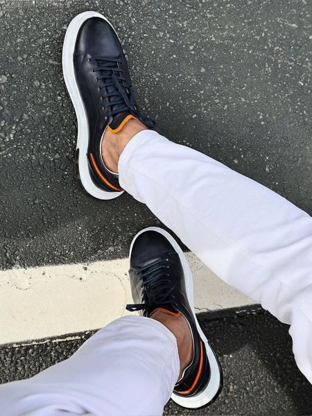 İBAY 5401 TITANIC AIR DARK BLUE ORANGE MEN'S LEATHER CASUAL SHOES DARK BLUE ORANGE - 44