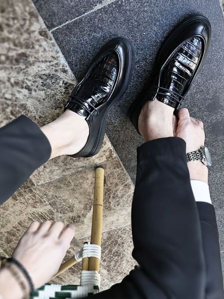 İBAY 102 GODIVA BLACK MEN'S LEATHER DAILY SHOES BLACK CROCO - 39