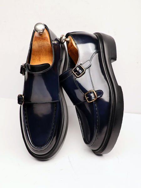 NAVY BLUE KRASS GENUINE LEATHER MEN'S SHOES NAVY BLUE OPENING - 42