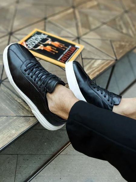 İBAY JOHN Men's Black Genuine Leather Casual Shoes BLACK WHITE - 42