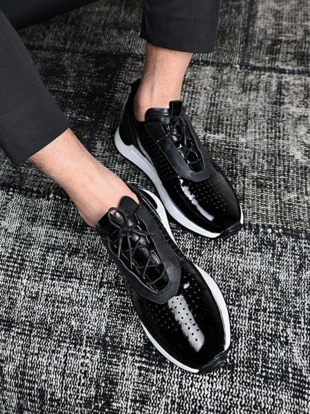 BLACK PATENT LEATHER TAG-X SİYAH ERKEK DERİ GÜNLÜK AYAKKABI SİYAH RUGAN - 45